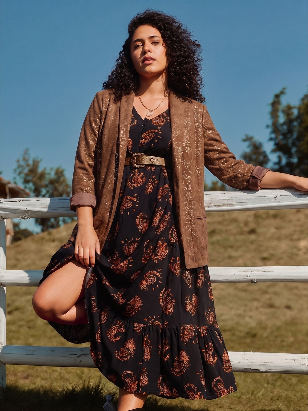 Faux Suede Gold Paisley Embossed Open Front Western Blazer (US 12-14)